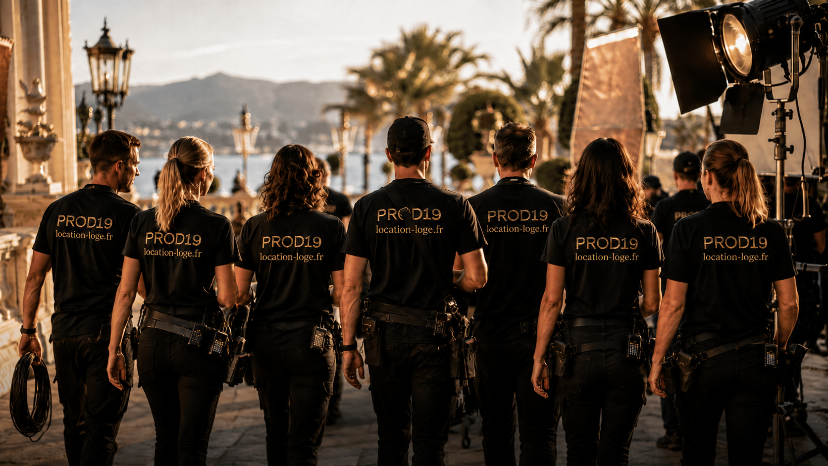 Équipe PROD 19 sur un tournage avec tee-shirts location-loge.fr
